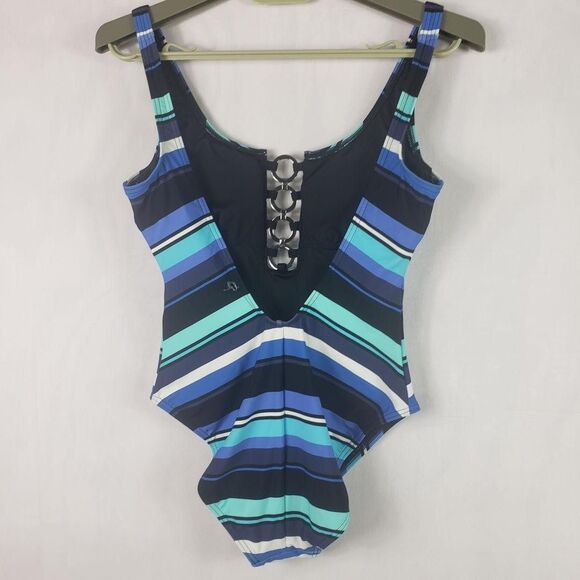 Michael Michael Kors Swimsuit Womens 8 Black Multi Stripe One Piece O-Ring - Picture 8 of 13